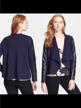 NWT TED BAKER Gaeton Navy and Black Leather and Wool Cardigan Jacket
